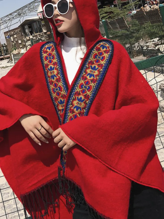 Hoodie Solid Vintage Paneled Winter Cardigans Wool Blend  Woven Cape