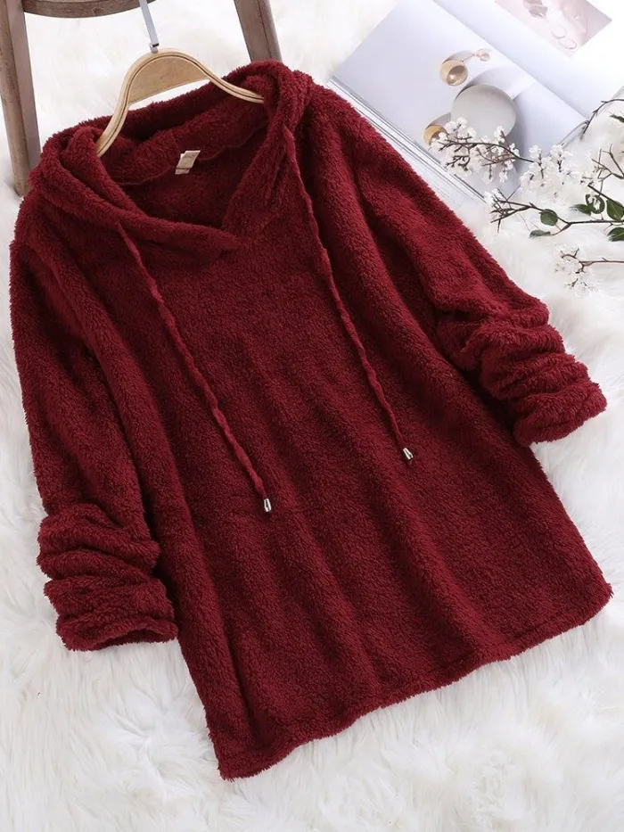 Women Winter a Long Hooded Sweatshirt Mohair Solid Color