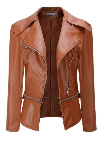 Casual Pockets Solid Faux Leather Bomber Jacket