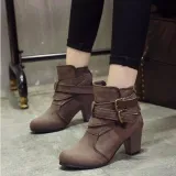 Coffee Plus Size Spring/Fall Adjustable Buckle Suede Chunky Heel Boots