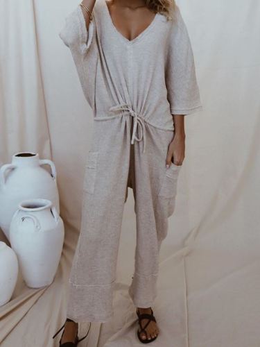 Gray Solid 3/4 Sleeve V Neck Jumpsuits