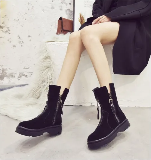 Women Date Low Heel Winter Boots Suede Platform Zipper Booties