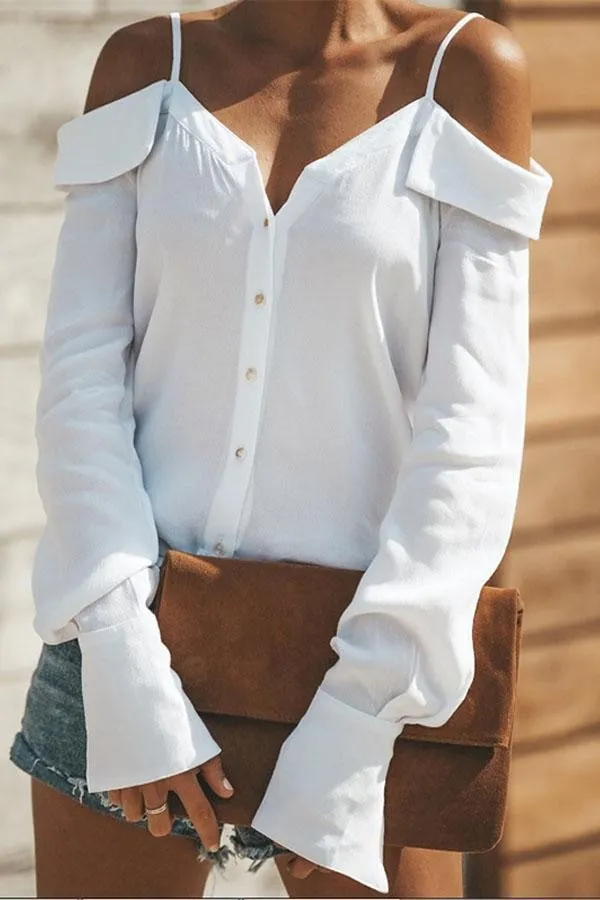 Sexy Off Shoulder Pure Color Long Sleeve Chiffon Strap Shirt