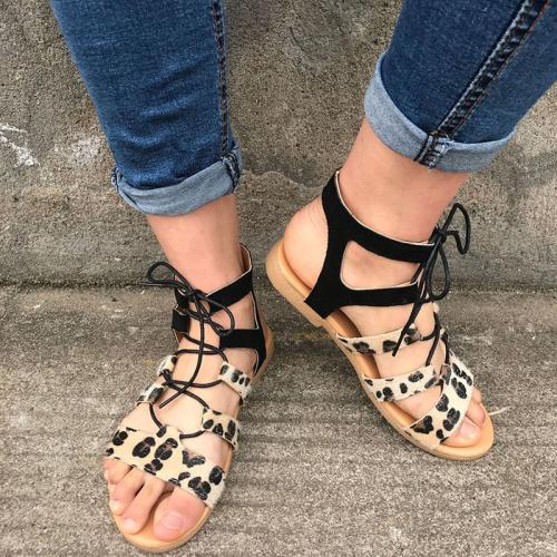 Women Casual Leopard Lace Up Flat Sandals