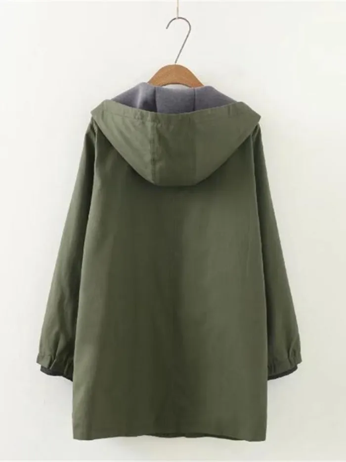 Casual Women Pockets Hooded Trench Appliqued Long Sleeve Hoodie Coat