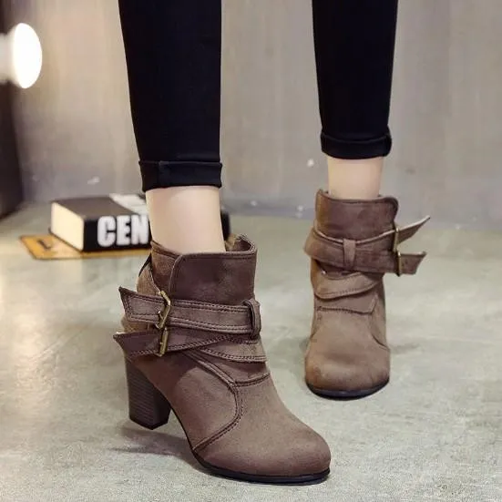 Coffee Plus Size Spring/Fall Adjustable Buckle Suede Chunky Heel Boots