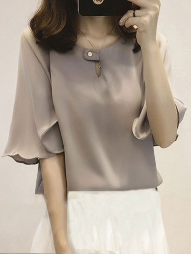 Crew Neck Short Sleeve Casual Plus Size Chiffon Blouse