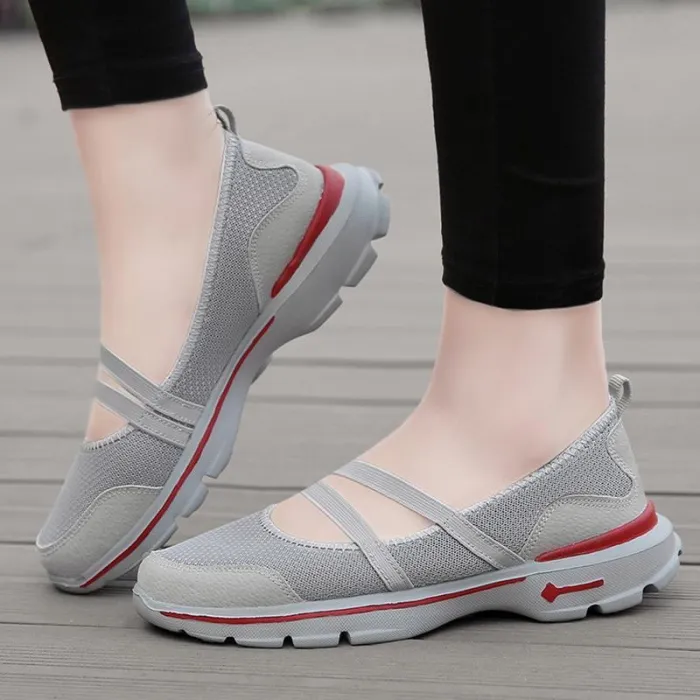Breathable Mesh Fabric Sneakers Elastic Band Flat Heel Hiking Shoes