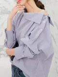 Buttoned Stripes Long Sleeve Slash Neck Casual Blouse