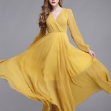 2020 Spring Summer  New look fashion long sleeve women yellow elegant maxi dress