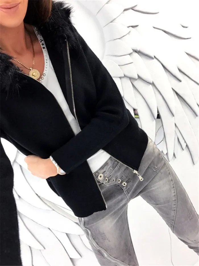 Solid Long Sleeve Faux Fur Hoodie Pockets Casual Coats