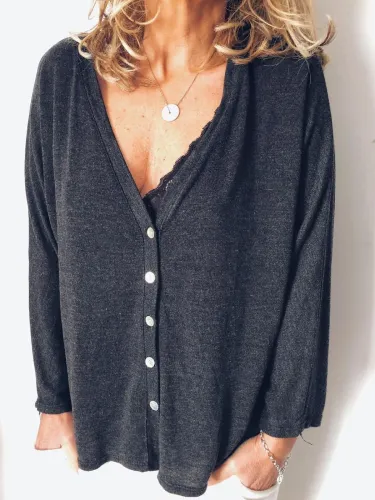 Plus Size Solid Casual Long Sleeve  V Neck Outerwear
