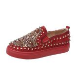 Red PU Spring/Fall Rhinestone Loafers