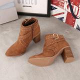 Women Flocking Booties Casual Comfort Chunky Heel Zipper Shoes