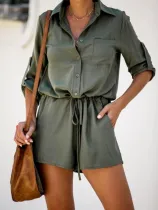 Army Green Cotton-Blend Pockets Half Sleeve One-Pieces