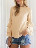 Crew Neck Solid Tiered Long Sleeve Blouse