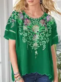 Navy Blue Short Sleeve Round Neck Patchwork Shirts & Tops
