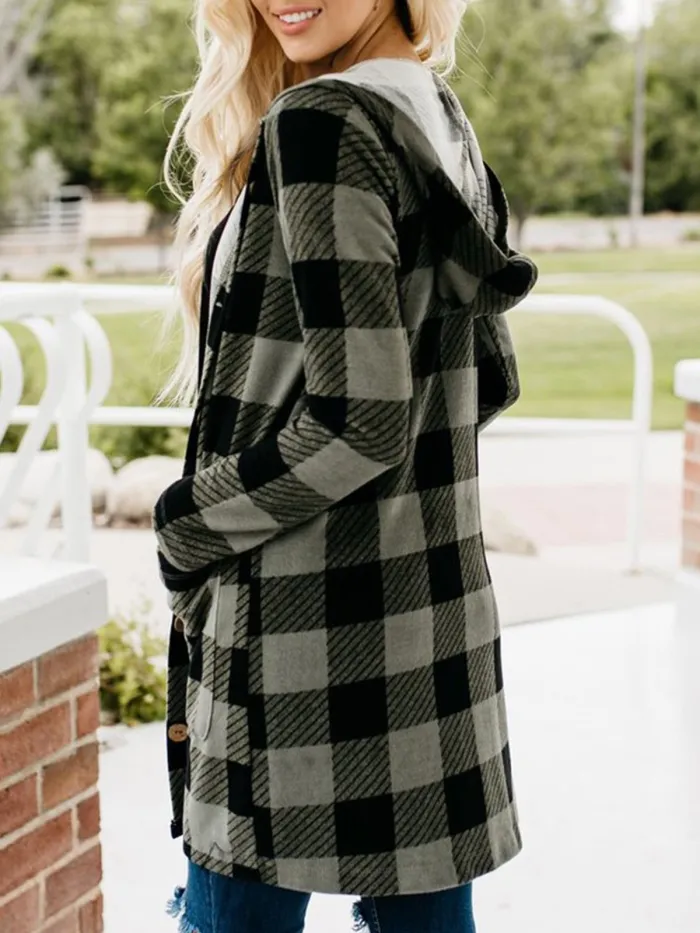 Gingham Casual Buttoned Women's Boyfriend Cardigans With Hoodie