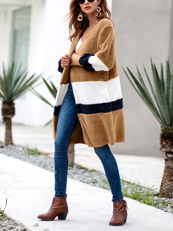 Women Sweater Long Striped Long Sleeve Cardigan Plush Coat