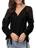 Deep V-Neck Lace Casual Solid Paneled Elegant Blouse