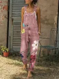 Sleeveless Denim Floral Floral-Print One-Pieces
