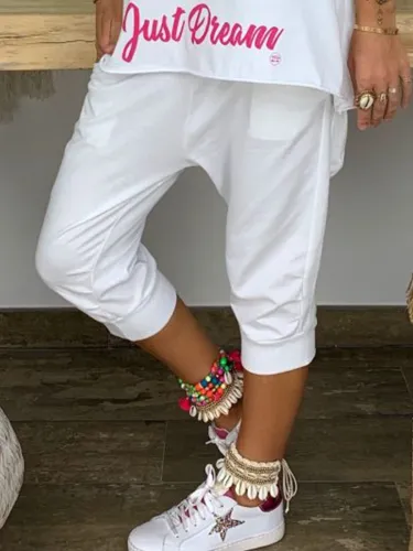 White Pockets Casual Cotton-Blend Solid Pants