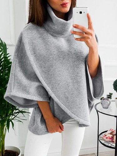 Asymmetric Cotton-blend Casual Turtle Neck Hoodies & Sweatshirt