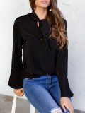 V Neck Frill Sleeve Solid Bow Blouse