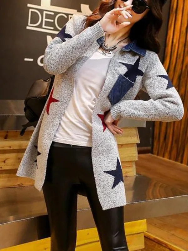 Star Wool Blend Patchwork Pockets Long Sleeve Cardigans