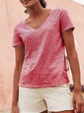 V Neck Short Sleeve Plain Cotton-Blend Shirts & Tops