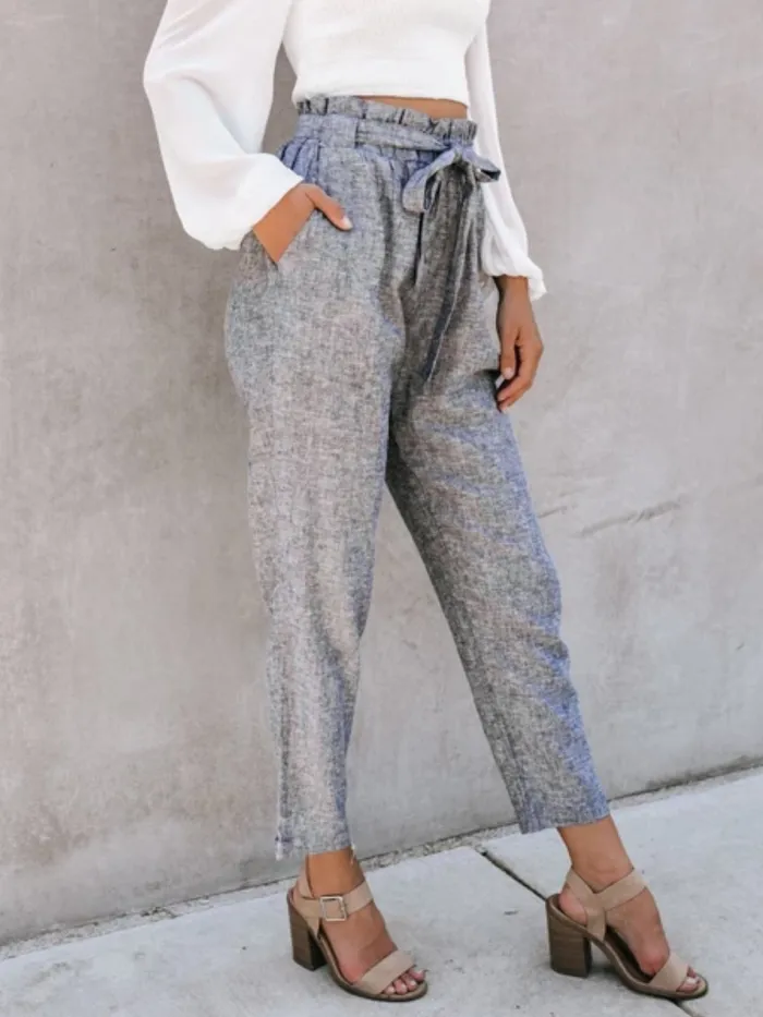 Smoke Gray Cotton-Blend Casual Solid Pants