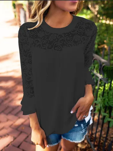 White Solid Crew Neck Laser Cut Casual Shirts &Blouse