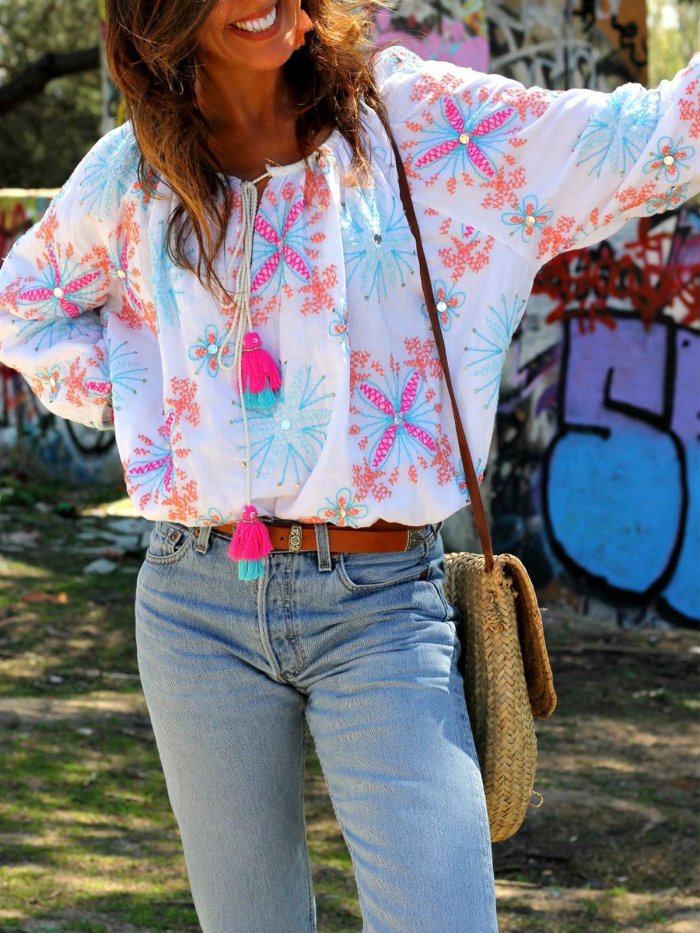 V Neck Boho Floral-Print Shirts & Tops