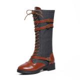 Vintage Lace Up Mid-calf Boots Adjustable Buckle Casual Low Heel Paneled Boots