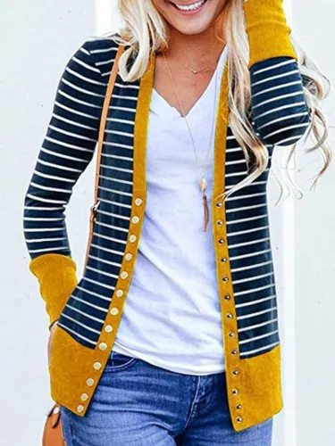 Womens Outerwear Buttoned Stripes Paneled Cardigans