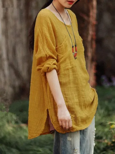 Long Sleeve Casual Pockets Crew Neck Linen Blouse