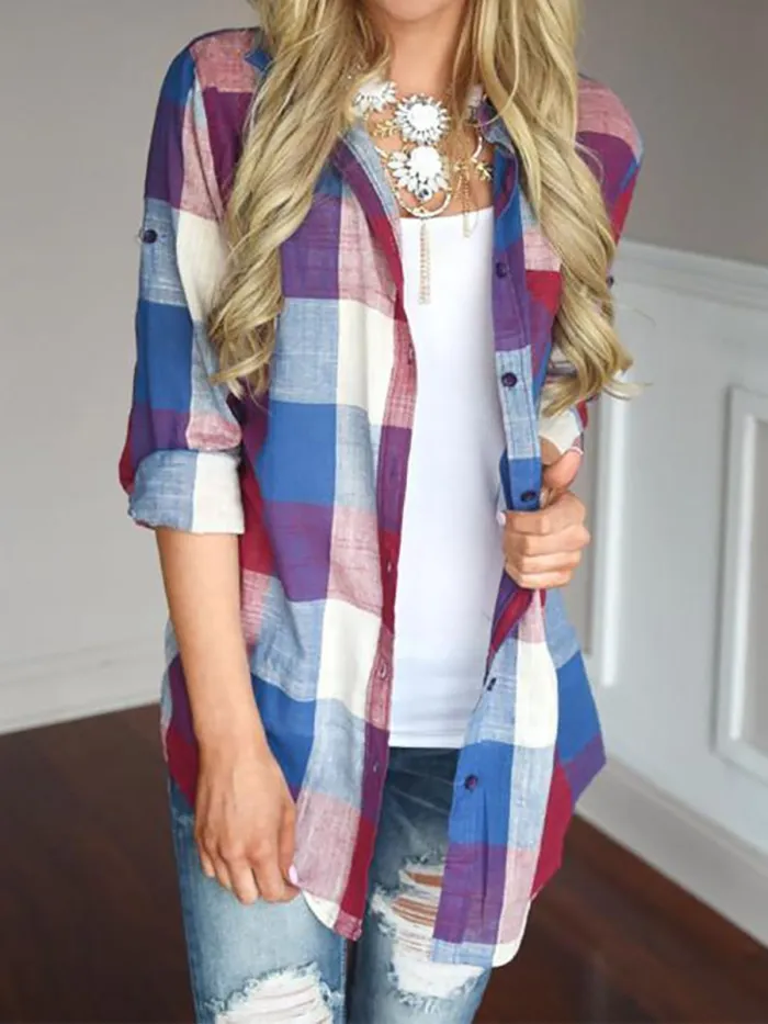 Casual Cotton Shirt Collar Gingham Blouse