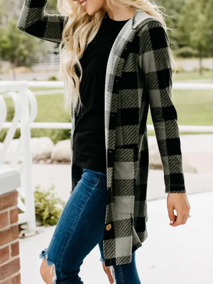 Gingham Casual Buttoned Women's Boyfriend Cardigans With Hoodie
