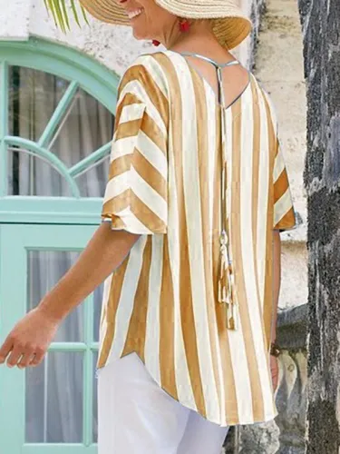 Blue Striped Half Sleeve Round Neck Shirts & Tops
