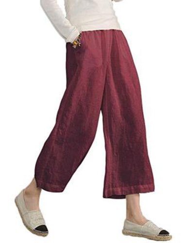 Plus Size Women Linen Casual Bottoms Solid Pockets Summer Pants
