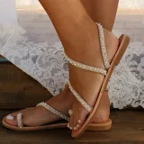 Women Boho Handmade Pearl Beach Sandals  Bridal Shoes