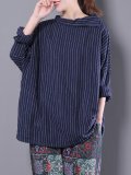 Shawl Collar Stripes Long Sleeve Blouse