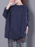 Shawl Collar Stripes Long Sleeve Blouse