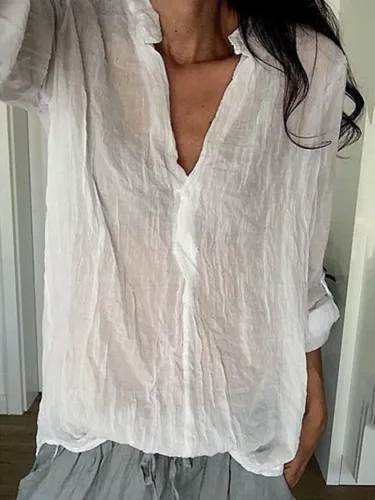 V Neck Long Sleeve Linen Solid Blouses