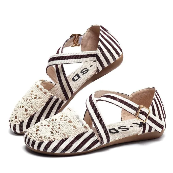 Women Preppy Canvas Fisherman Shoes Buckle Hollow Out Flats