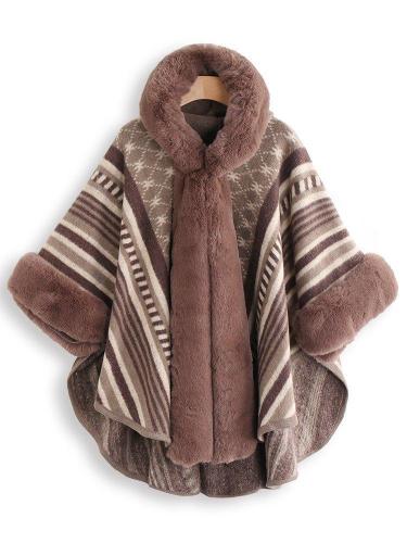 Elegant Faux Fur Oversized Stripe Poncho Coat