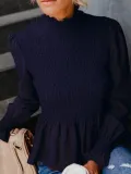 Women's Fashion Solid Chiffon Turtle Neck Solid Shirred Long Sleeve Blouses