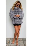Plus Size Stand Collar Thick Faux Mink Fur Leather Parka Jacket Peacoat