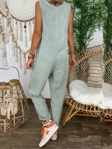 Gray Crew Neck Sleeveless One-Pieces