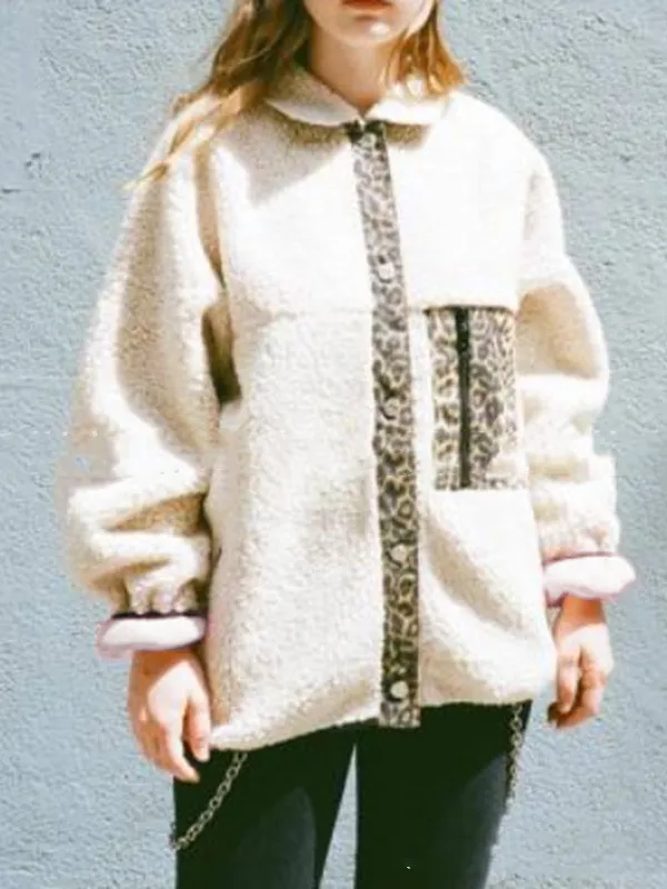Leopard Print Side Zipper Pocket Paneled Woven Lapel Holiday Coat